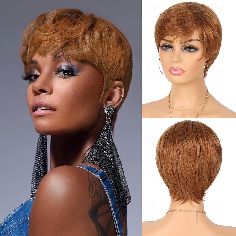 Glueless Wear and Go Wig Pixie Cut Short Human Hair Wigs for Black Women Full Machine Wigs 150% Density Layered Wavy Style Wigs with Bangs