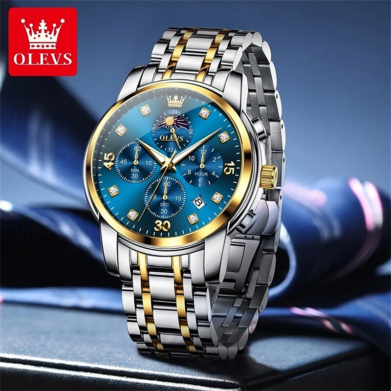 OLEVS Men Quartz Watch Outdoor Sports Fashion Casual Moon phase Luminous Calendar Chronograph Steel Watch4