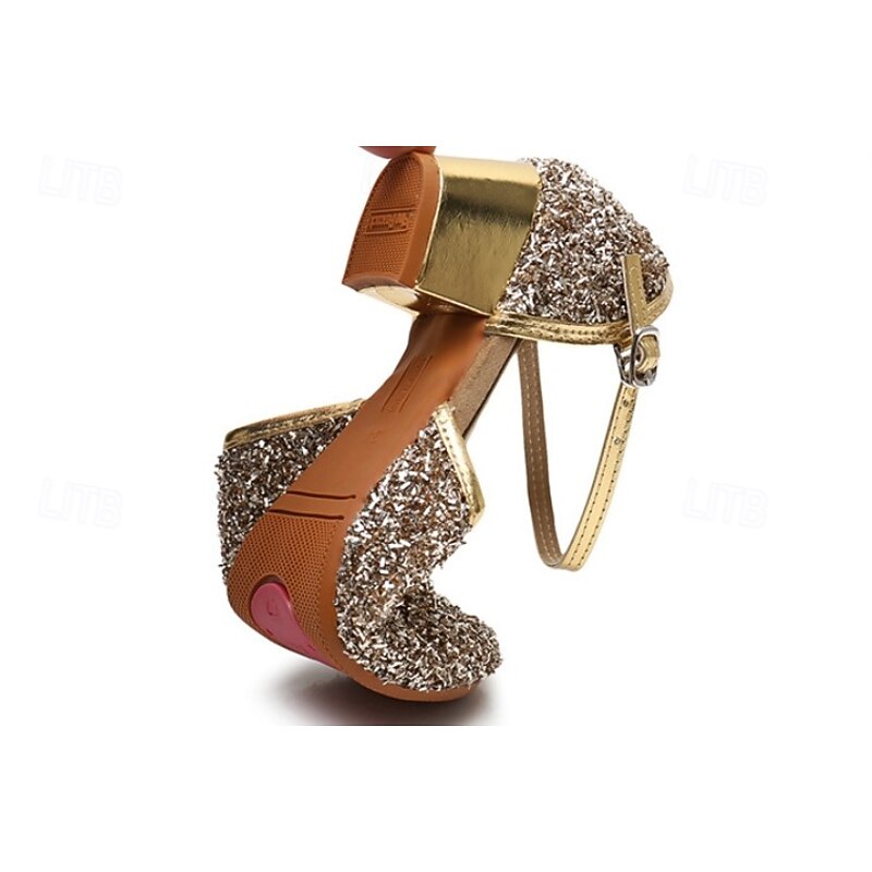 Girls' Gold Glitter Dance Shoes – Low Block Heel, Mary Jane Strap Design, Perfect for Ballroom, Latin, and Party Performances4