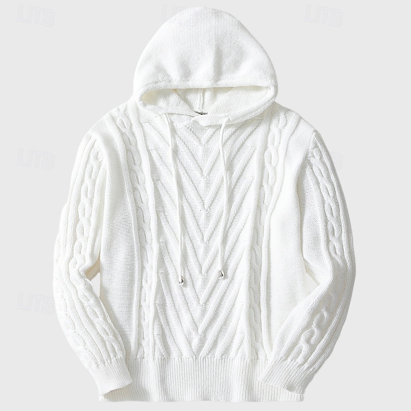 Men's Pullover Sweater Jumper Knit Sweater Ribbed Cable Knit Regular Knitted Jacquard Plain Hooded Fashion Basic Daily Wear Date Clothing Apparel Fall & Winter White M L XL2