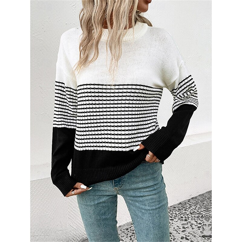 Women's Sweater Casual Soft Striped Ribbed Crew Neck Knitted Long Sleeve Regular Tops Knit Outdoor Daily Weekend Black Fall Winter3