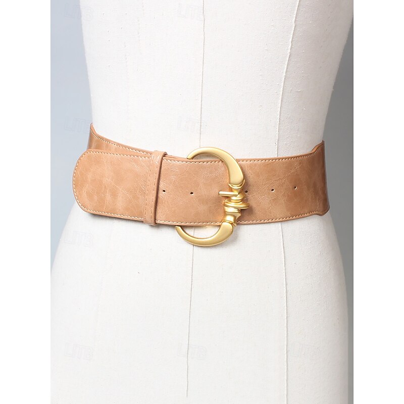 Women's Wide Faux Leather Belt with Gold Decorative Buckle - Elegant Waist Cincher4