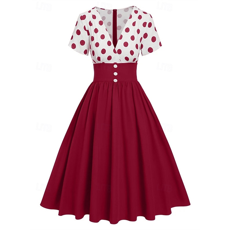 Retro Vintage 1950s Grease Outfits Rockabilly Midi Dress Swing Dress Flare Dress High Waist Polka dots A-Line Deep V Fancy Dress Women's Carnival New Year Tea Party Casual Daily Retro Adults' Dress2