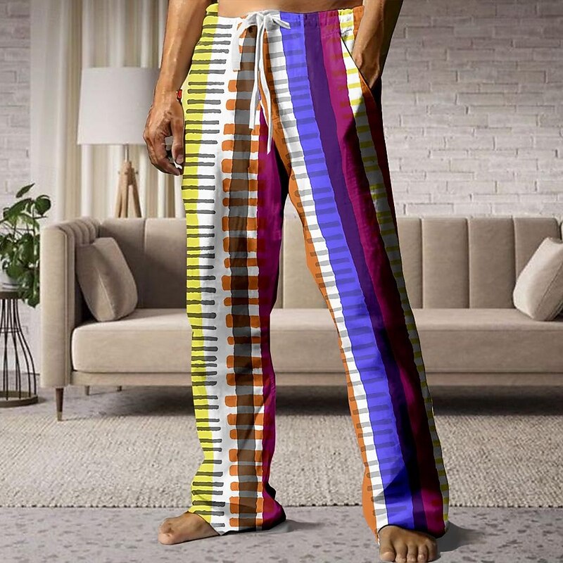 Men's Striped Pants Trousers Mid Waist Drawstring Elastic Waist Hawaiian Casual Outdoor Holiday Beach Wear Straight Leg Trousers Summer Spring Fall 3D Print Light Blue Blue Orange4