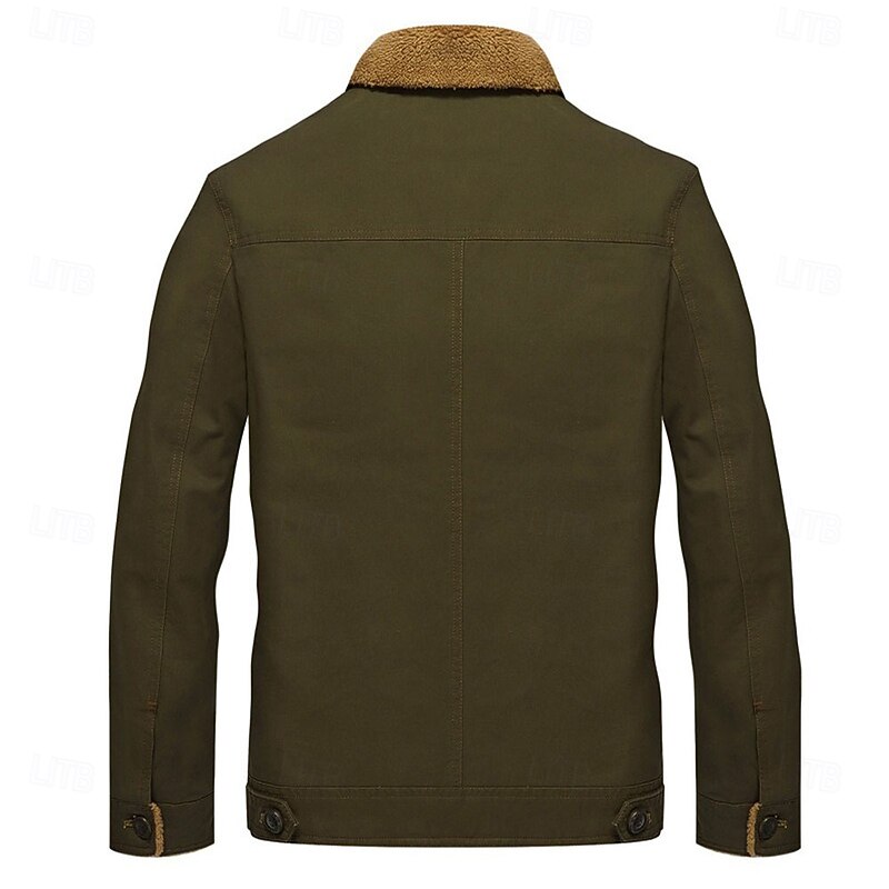 Men's Embroidered Fleece Jacket Cargo Jacket Turndown Collar Long Sleeve Military Tactical Jacket Vintage Thermal Warm Winter Outwear Multiple Pockets Button Front Cotton Coat Black khaki Army Green2