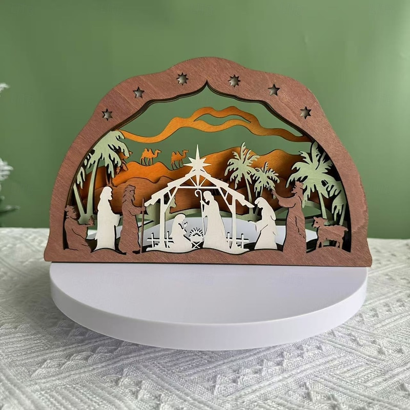 Christmas Wooden Craft Nativity Scene – Handcrafted Jesus Figurine Wood Carving, Creative Holiday Tabletop Decoration for Home Décor