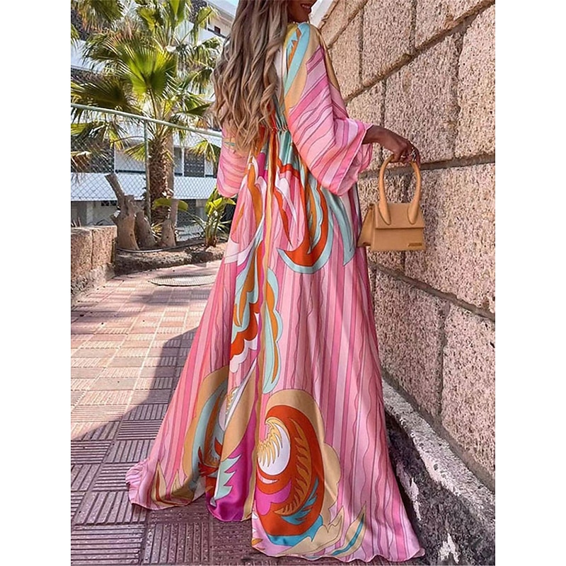 Women's Color Block V Neck Maxi Dress 3/4 Length Sleeve Summer Spring2