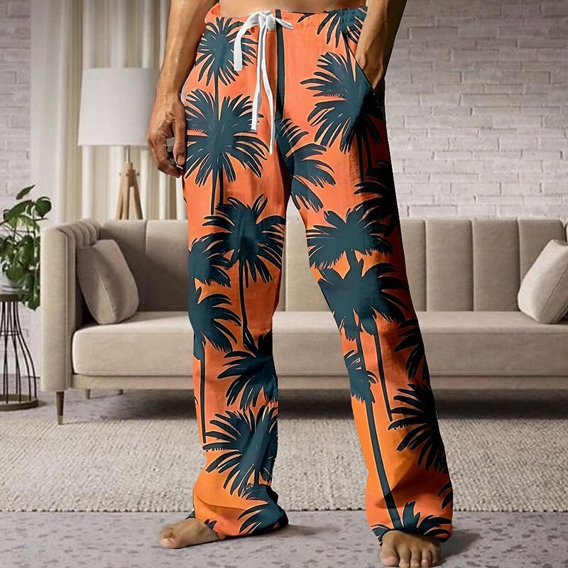 Men's Palm Tree Pants Trousers Mid Waist Drawstring Elastic Waist Hawaiian Casual Outdoor Holiday Beach Wear Straight Leg Trousers Summer Spring Fall 3D Print Yellow Pink Blue