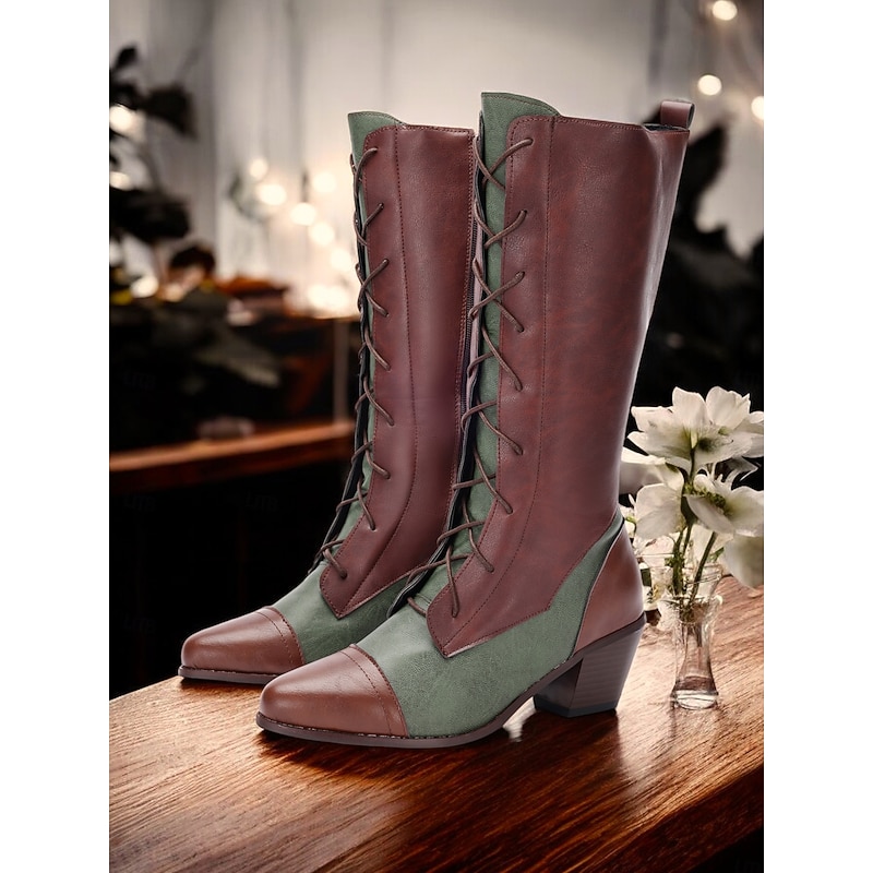 Women's Vintage Victorian Lace-Up Boots – Two-Tone Mid-Calf Faux Leather Boots with Chunky Heel, Perfect for Cosplay, Festivals, and Renaissance Fairs