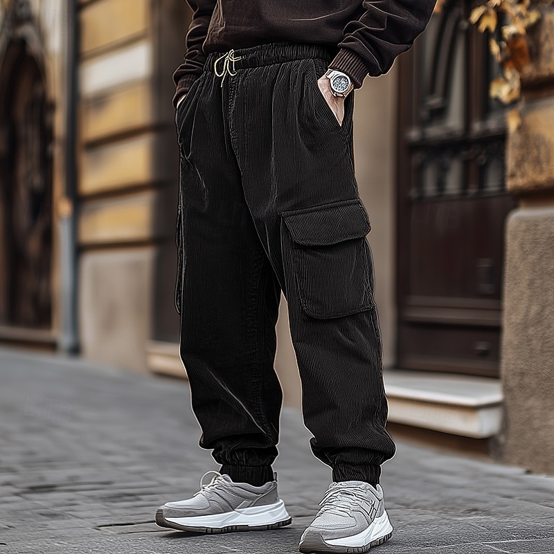Men's Cargo Pants Corduroy Pants Trousers Jogger Pants Drawstring Elastic Waist Multi Pocket Plain Comfort Warm Full Length Outdoor Casual Daily Fashion Streetwear Black Blue