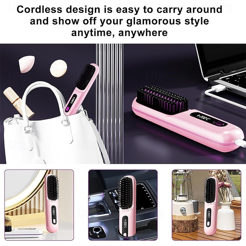 Cordless Hair Straighteners Hot Air Brush Negative Hot Comb Hair Straightener 20s Fast Heating Ceramic & Anti-Scald Design3