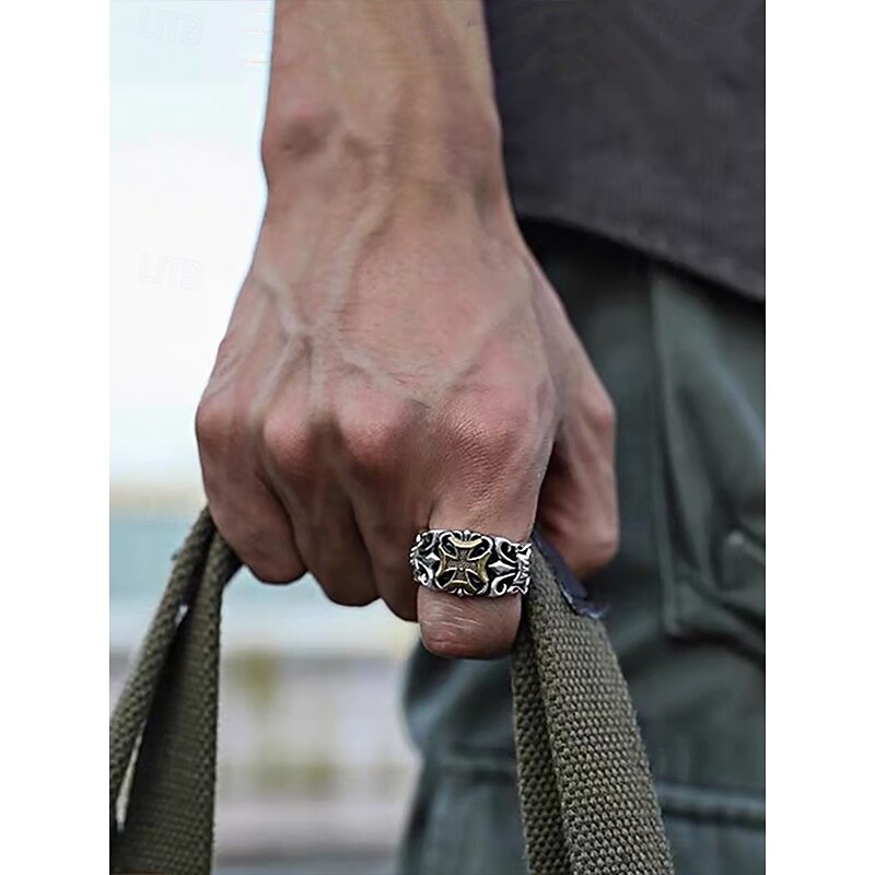 Men's Gothic Silver Ring with Cross Detail – Vintage Style Adjustable Band, Intricate Skull and Cross Design for Punk Rock Fashion3