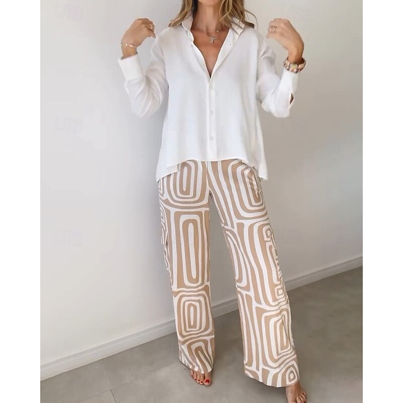 Women's Fashion Streetwear Daily Shirt Linen-Inspired Sets Two Piece Sets Dress Pants Long Sleeve Bishop Sleeve Shirt Collar Plain Printing Patchwork Print Formal Casual Daily Khaki Fall Regular Fit4
