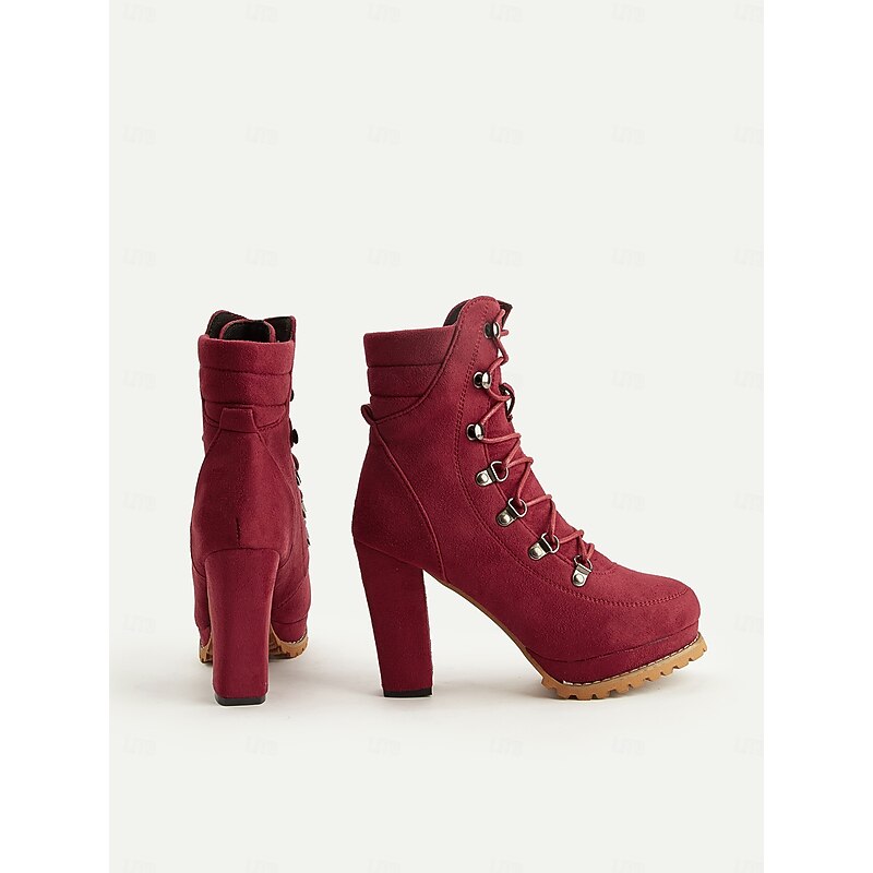 Women's Black Lace-Up High Heel Ankle Boots with Rugged Soles – Stylish Footwear for Casual and Outdoor Outfits4