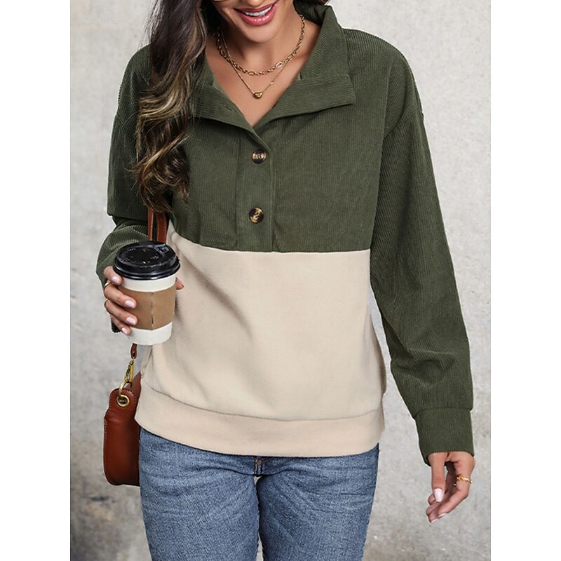 Women's Sweatshirt Casual Plain Street Dailywear V Neck Patchwork Buttons Long Sleeve Army Green Fall Winter4