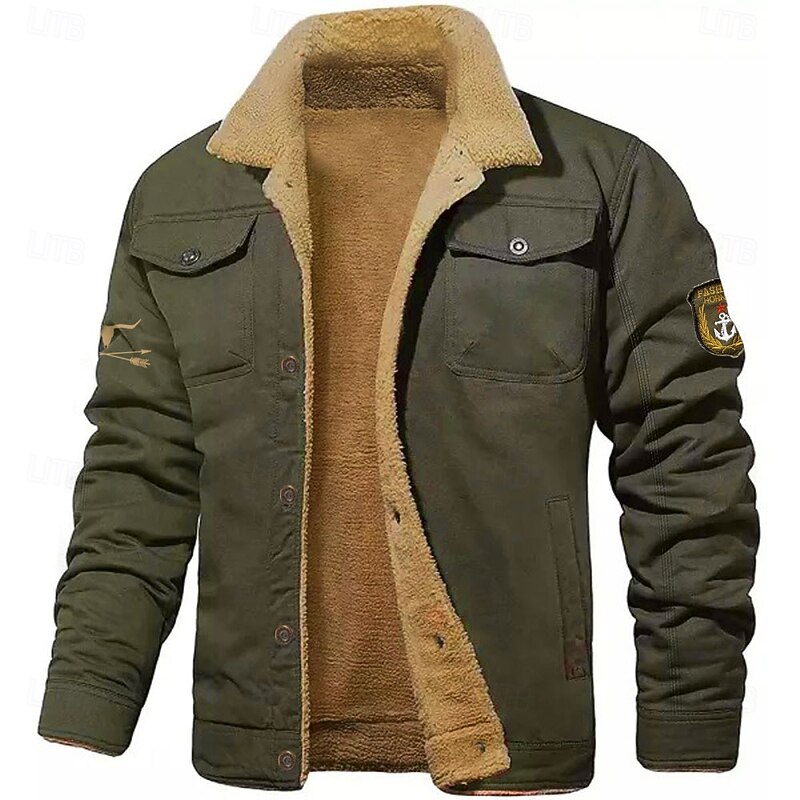 Men's Embroidered Fleece Jacket Cargo Jacket Cow Print Turndown Collar Long Sleeve Military Tactical Jacket Vintage Thermal Warm Winter Outwear Multiple Pockets Button Front Cotton Coat3