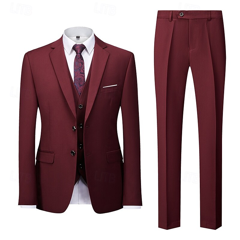 Men's Wedding Party Evening Wear Suits Black Burgundy Business Formal Solid Colored Standard Fit 3 Piece Single Breasted Two-buttons4