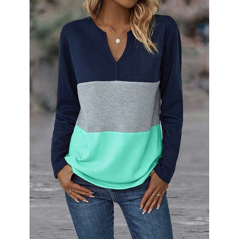 Women's T Shirt Plain Fashion Modern Casual Long Sleeve Notched Neck Regular Tops Daily Weekend Pink Orange Green Fall Winter