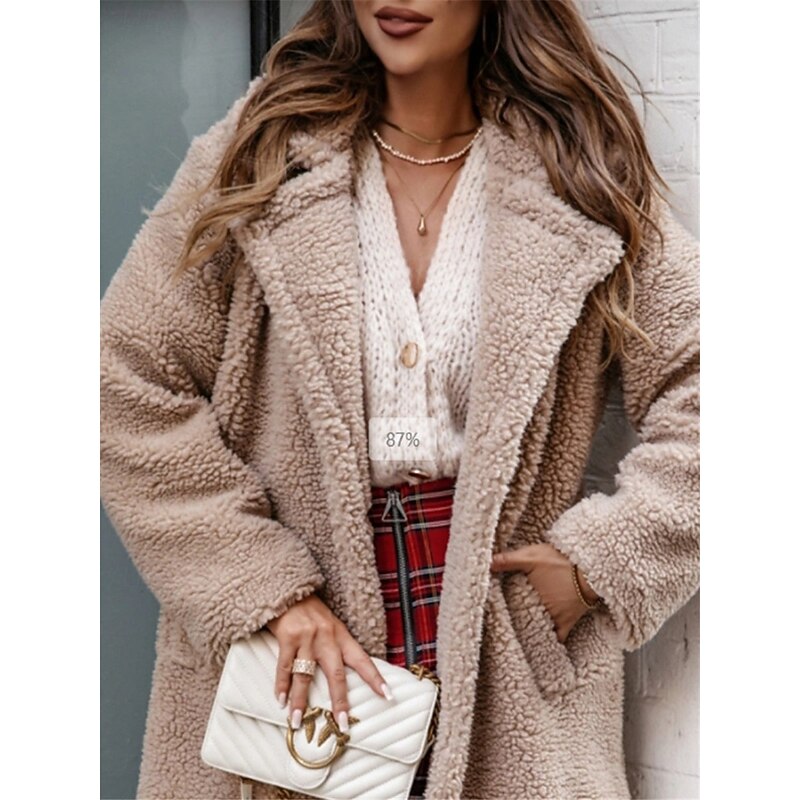 Women's Fleece Jacket Teddy Coat Warm Breathable Pocket Fleece Lined Casual Plain Vacation Street Daily Wear Going out Single Breasted Regular Turndown Regular Fit Long Sleeve Outerwear Khaki Apricot3