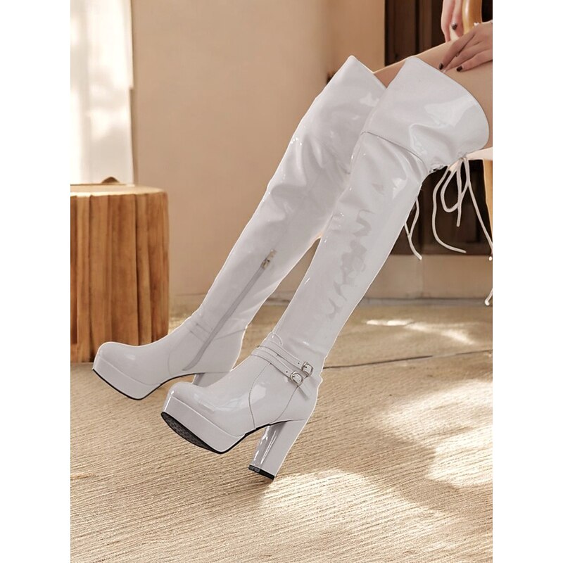 Women's Patent Faux Leather Thigh-High GoGo Platform Boots - Sleek Over-the-Knee Design with Block Heels and Buckle Detailing, Ideal for Parties and Fashion Statements