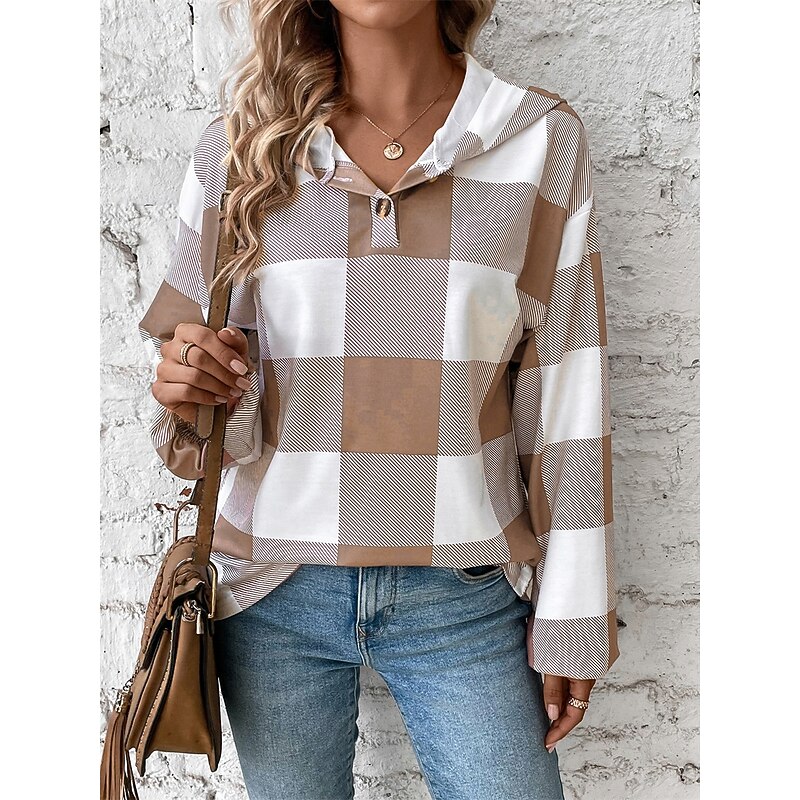 Women's Sweatshirt Casual Plaid Street Dailywear Hoodie Buttons Print Long Sleeve Black Khaki Fall Winter3