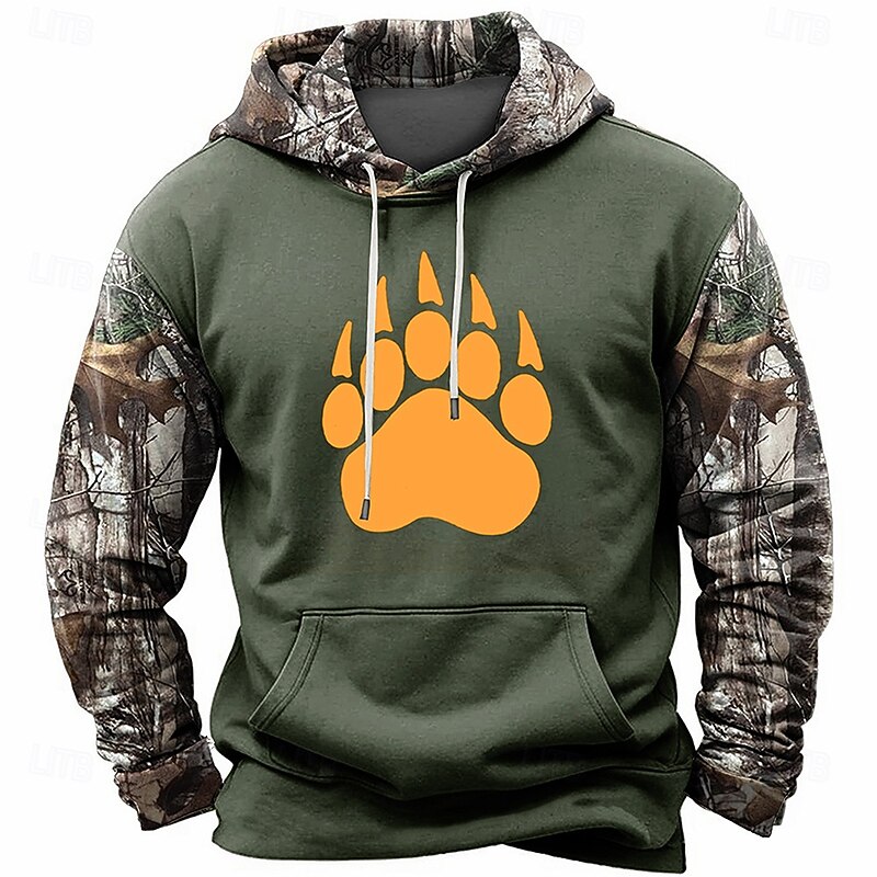 Men's Camo / Camouflage Footprint / Paw Hoodies Sweatshirt Daily Casual Long Sleeve Hooded Vacation Sports Outdoor Streetwear Army Green Gray Print Front Pocket Spring &  Fall Designer4