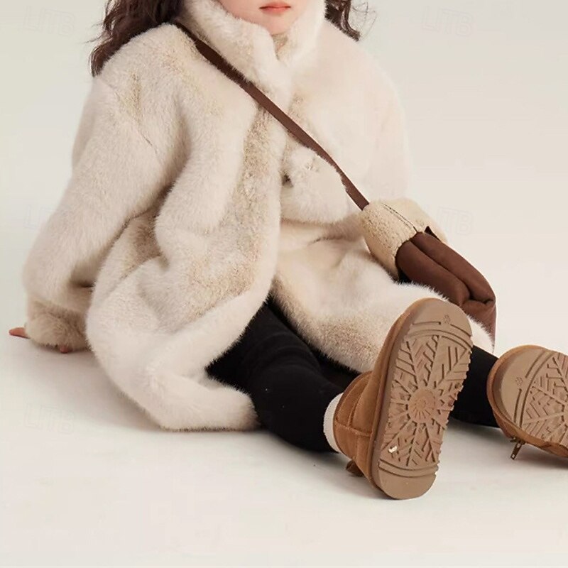 Kids Girls' Faux Fur Coat Solid Color Streetwear Pocket Buttons Formal Coat Outerwear 4 years+ Winter Beige2