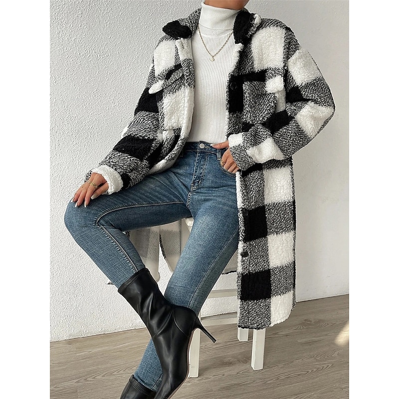Women's Fleece Jacket Teddy Coat Warm Breathable Pocket Fleece Lined Casual Plaid Vacation Street Daily Wear Going out Single Breasted Long Turndown Regular Fit Long Sleeve Outerwear Black Blue
