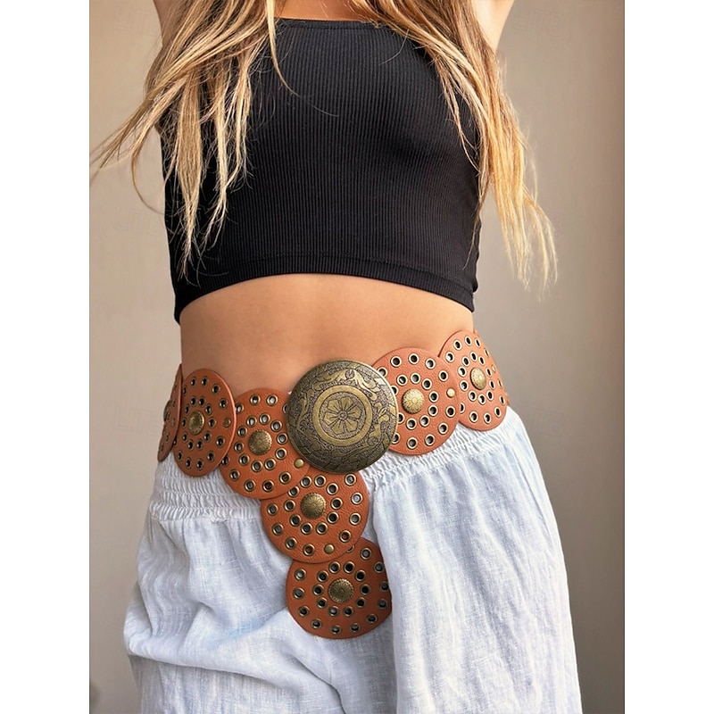 Women's Brown Faux Leather Belt with Perforated Circles and Intricate Metal Buckle - Bohemian Chic Fashion Accessory3