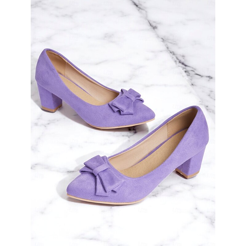 Purple Suede Bow-Tie Low Heel Pumps - Elegant and Comfortable Women's Block Heel Shoes for Everyday Wear