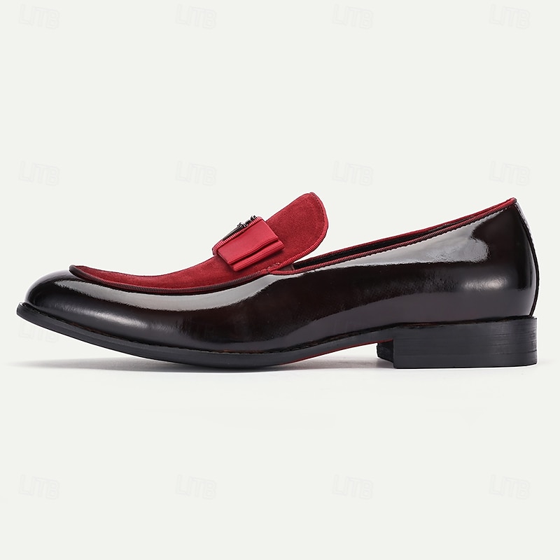 Men's Premium Cowhide Loafers with Red Suede Accent and Bow Detail – Luxury Formal Slip-On Dress Shoes4