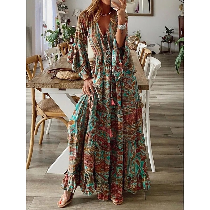 Women's Maxi Dress Casual Dress Swing Dress A Line Dress Boho Dress Vintage Casual Daily Regular Fit Floral Long Sleeve V Neck Red Blue Purple Orange Summer Spring Fall4