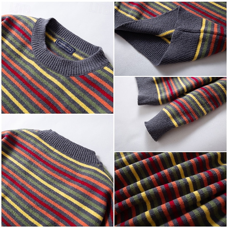 Men's Sweater Pullover Sweater Jumper Striped Sweater Xmas Sweater Ribbed Chunky Knit Classic Rainbow Crew Neck Christmas Knitwear Christmas Home Clothing Apparel Fall Winter Red M L XL4