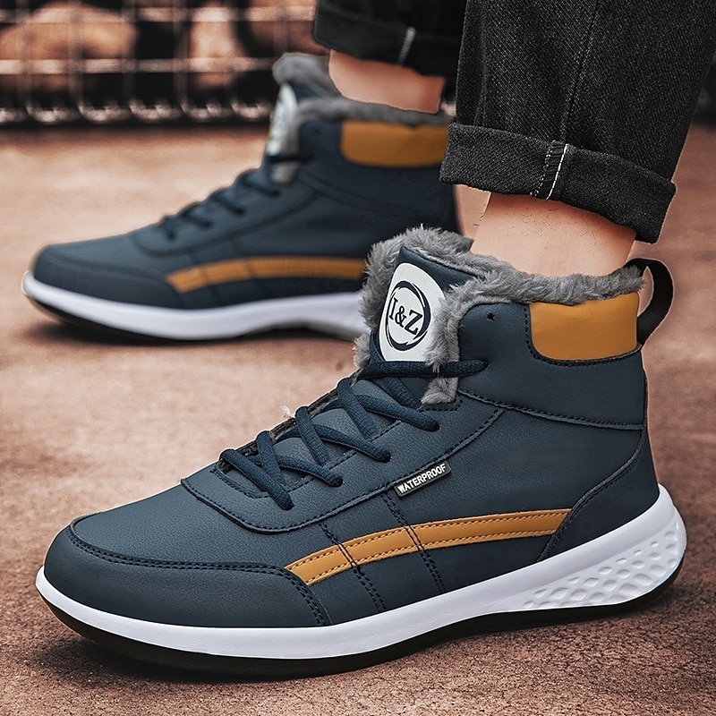 Men's Waterproof High-Top Sneakers with Warm Plush Lining – Stylish Outdoor Athletic Shoes with Yellow Accents and Durable Sole4