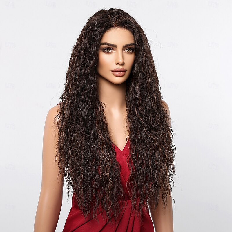 Synthetic Lace Wig Curly Style 28 inch Dark Brown Middle Part 13x6 Lace Front Wig Women's Wig Light Brown Lace3