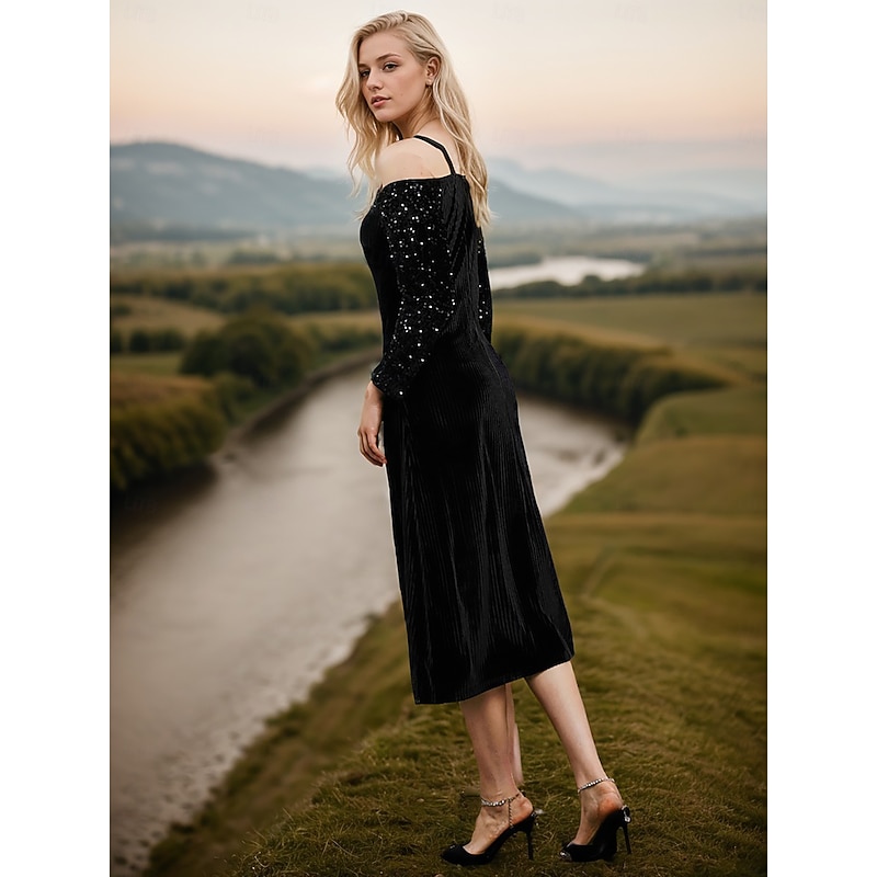 Velvet Cold Shoulder V Neck Midi Dress2