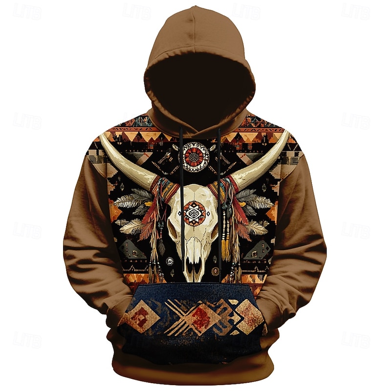 Men's Cow Skulls Hoodies Fashion Daily Long Sleeve Crew Neck Holiday Going out Streetwear Brown Drawstring Fall Winter Designer