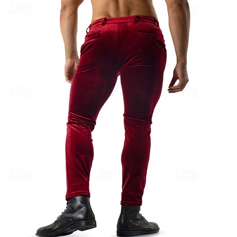 Men's Dress Pants Skinny Trousers Casual Pants Velvet Pants Pocket Plain Comfort Soft Full Length Party Outdoor Daily Fashion Streetwear Black Red Micro-elastic2