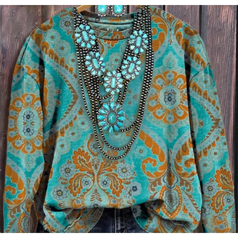 Women's Sweatshirt Vintage Fashion Ethnic Graphic Tie Dye Tribal Home Party Casual Round Neck Patchwork Print Long Sleeve Green Winter Fall & Winter3