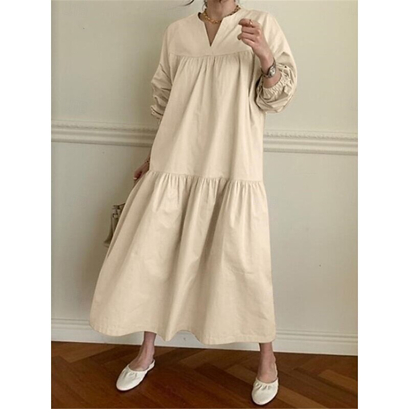 Women's Casual Dress Maxi Dress Ruffle Hem Casual Split Neck Long Sleeve Black White Khaki Color4