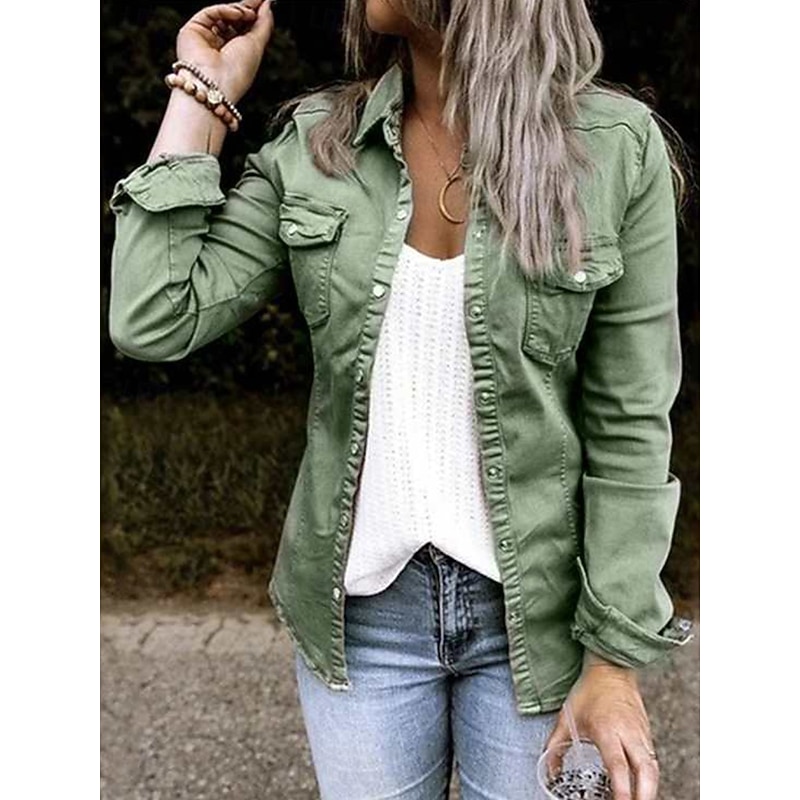 Women's Shirt Long Sleeve Shirt Collar Black Army Green Gray Spring &  Fall4