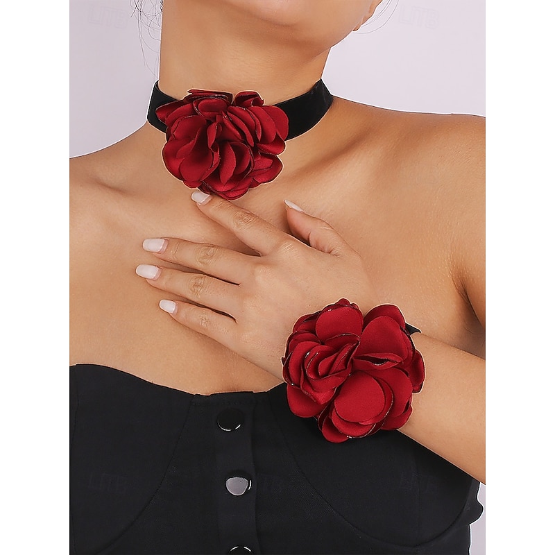 Women's Elegant Black Velvet Choker Necklace with Burgundy Rose Flower Pendant – Statement Floral Choker for Evening and Special Occasions