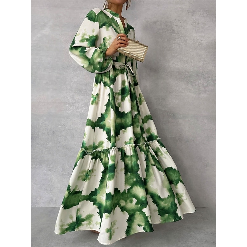 Women's Floral Split Neck Maxi Dress Long Sleeve Summer Spring