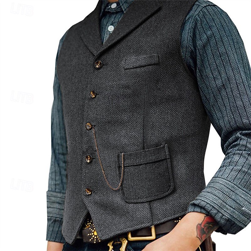 Men's Vest Gilet Daily Date Vacation Fashion Casual Spring &  Fall Buttons Pocket 80% Cotton Comfortable Plain Single Breasted One-button Lapel Regular Fit Navy Blue Khaki Dark Gray Vest