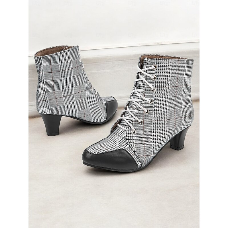 Women's Plaid Lace-Up Ankle Boots – Retro Oxford Low Heel Booties for School, Office, and Fall Street Style3