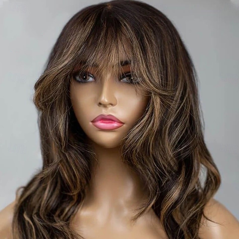 Remy Human Hair 13x4 Lace Front Wig With Bangs Brazilian Hair Wavy Multi-color Wig 130% 150% Density with Baby Hair Highlighted / Balayage Hair 100% Virgin Glueless For Women Long Human Hair Lace Wig2