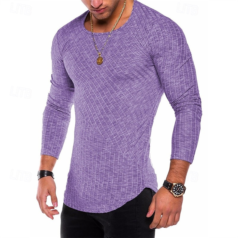 Men's T Shirt Tee Tee Top Long Sleeve Shirt Long Sleeve Crew Neck Spring &  Fall Plain Fashion Designer Basic Jacquard Vacation Street Going out Blue Purple Green Top Tee for Men2