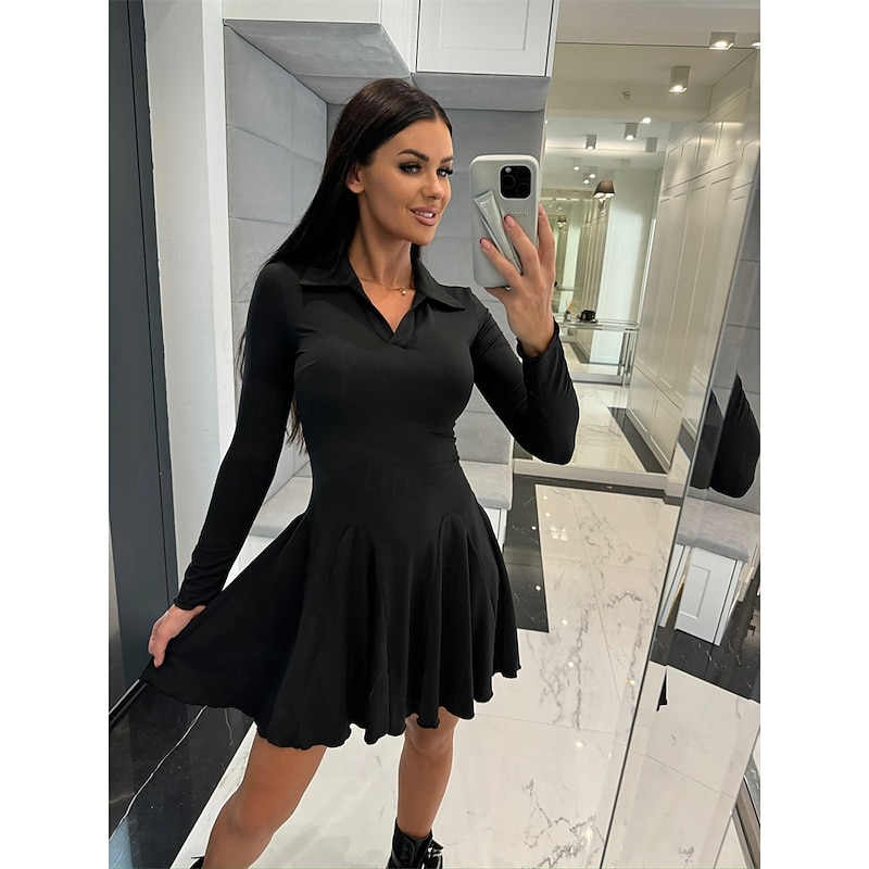 Women's A Line Dress Mini Dress Ruffle Date Vacation Elegant Lapel Long Sleeve Black Coffee Gray Color4