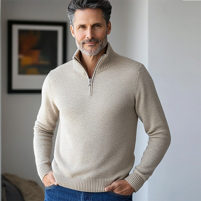 Men's Sweater Dress Sweater Pullover Sweater Jumper Ribbed Knit Cropped Zipper Knitted Solid Color Stand Collar Stylish Basic Outdoor Daily Clothing Apparel Fall Winter Camel Black S M L4