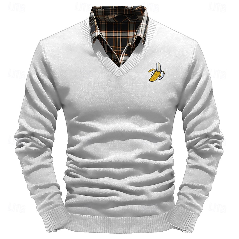 Christmas Men's Banana Pullover Sweater Jumper V Neck Casual Outdoor Daily New Years Eve Sweater Embroidered Knitting Warm Long Sleeve Fall Winter Wine Black White